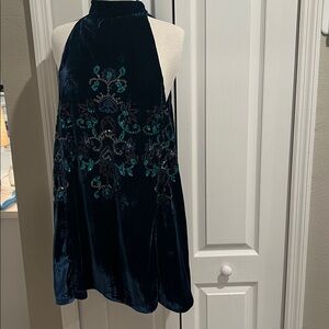 Velvet Embellished Sleeveless Dress in Navy Blue